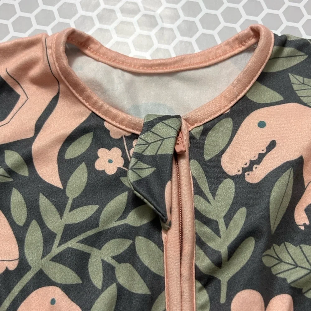 Totbasic Baby Sleep Sack Gray with Green Leaves and Peach Dinosaur’s    Size M